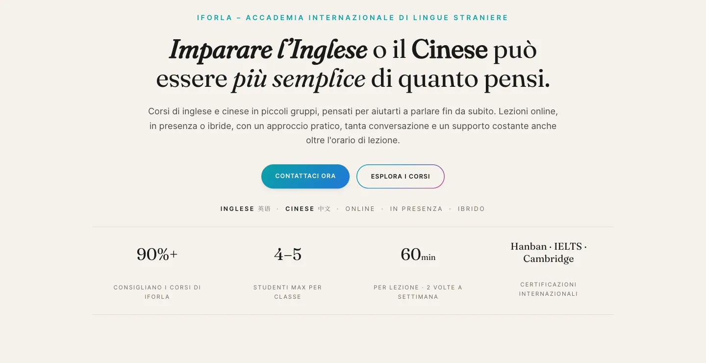 Page d’accueil d’iforla.com : le titre « Imparare l’Inglese o il Cinese può essere più semplice di quanto pensi », deux boutons et quatre chiffres clés sur fond crème.