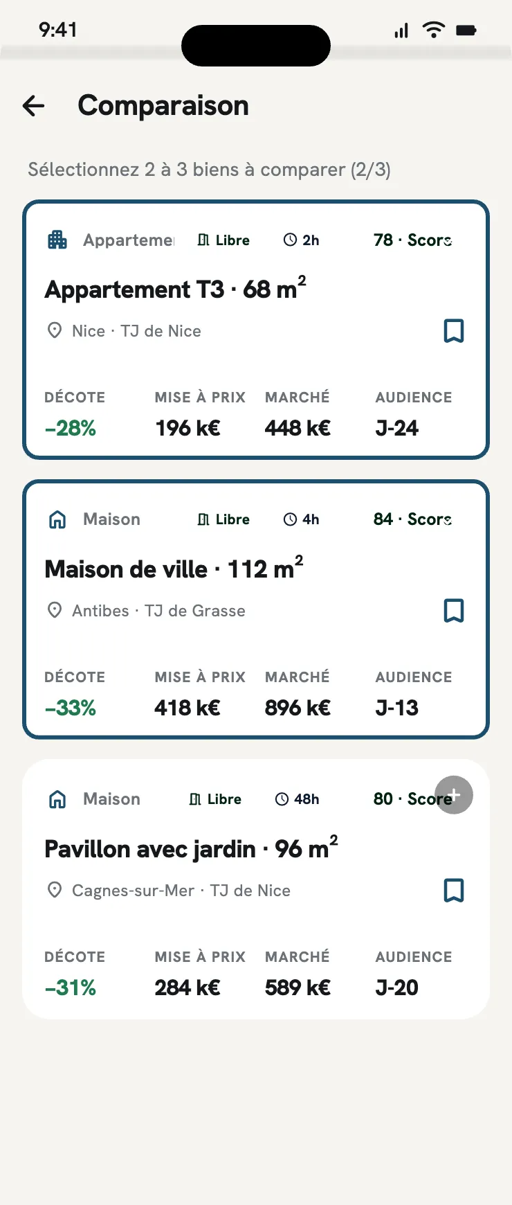 Maquette : comparaison de trois biens sélectionnés