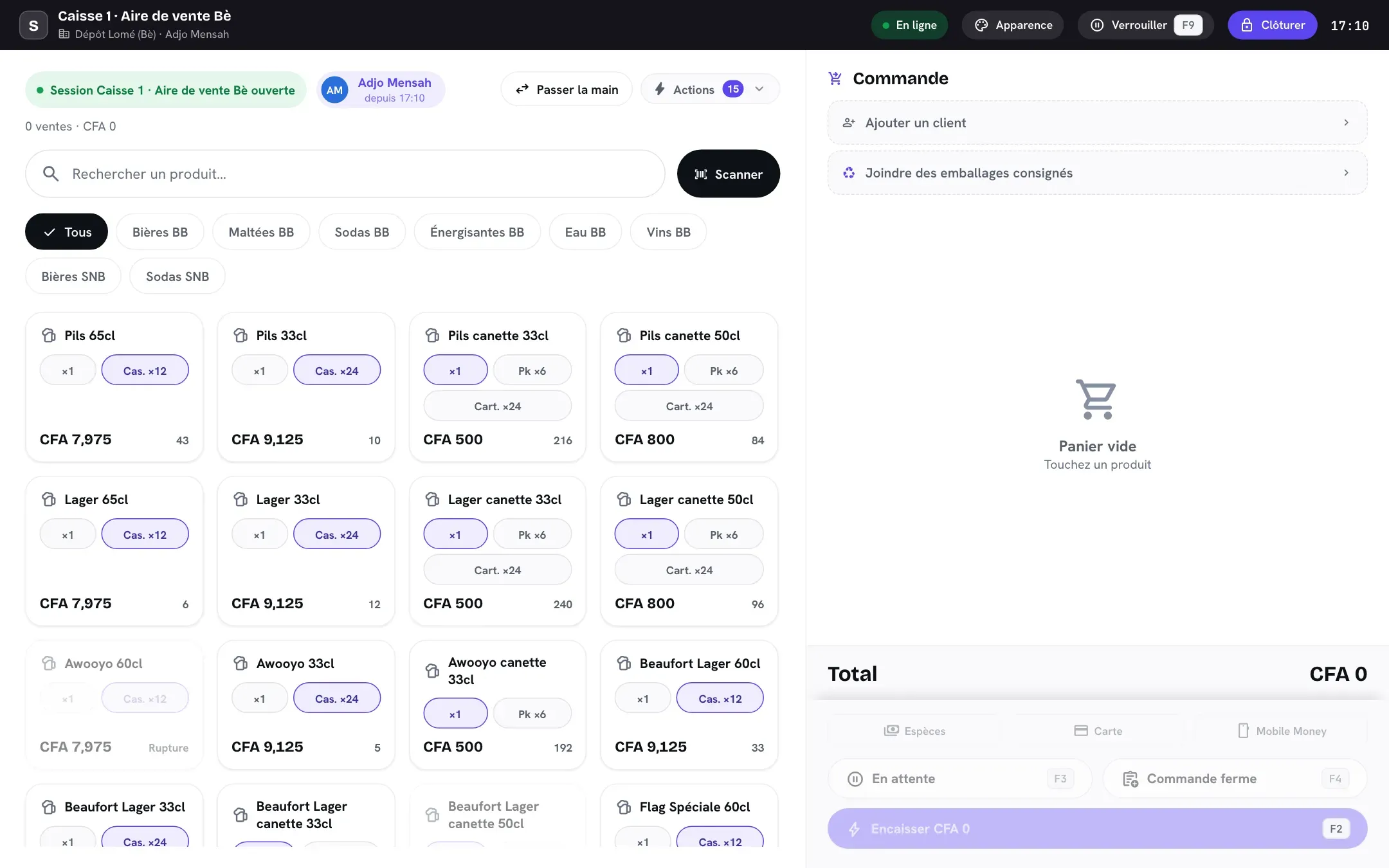 Écran de vente du prototype : à gauche le catalogue de boissons avec ses conditionnements et ses prix en francs CFA, à droite la commande en cours, vide, et les modes de règlement.