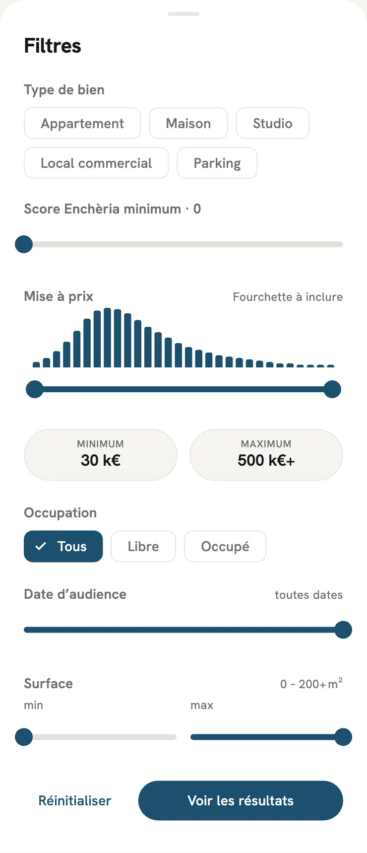 Maquette : filtres par type de bien, score, mise à prix, occupation et surface