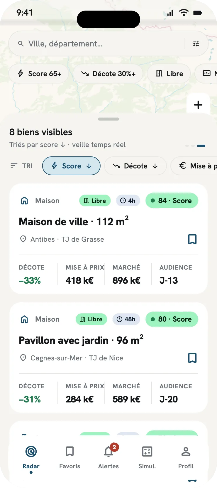 Maquette : liste des biens visibles, triée par score